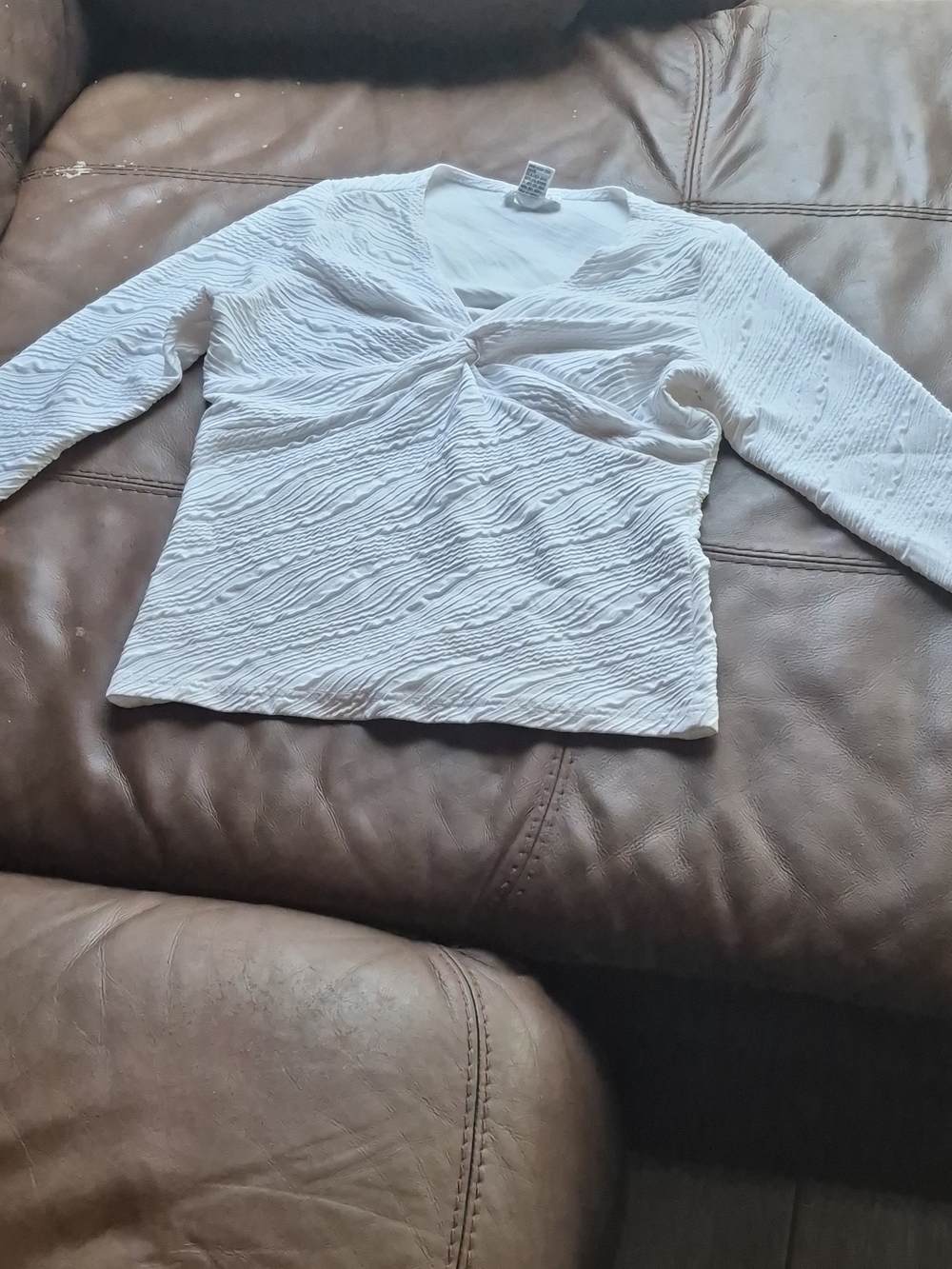 RAFAEL White Textured Twist-Front Long Sleeve Top